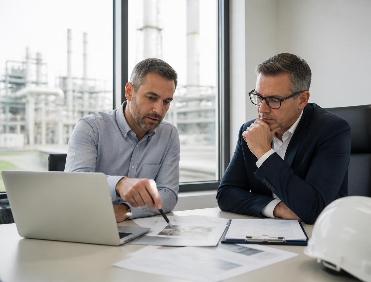 Consultor técnico e gestor analisando documentação de segurança do trabalho em reunião